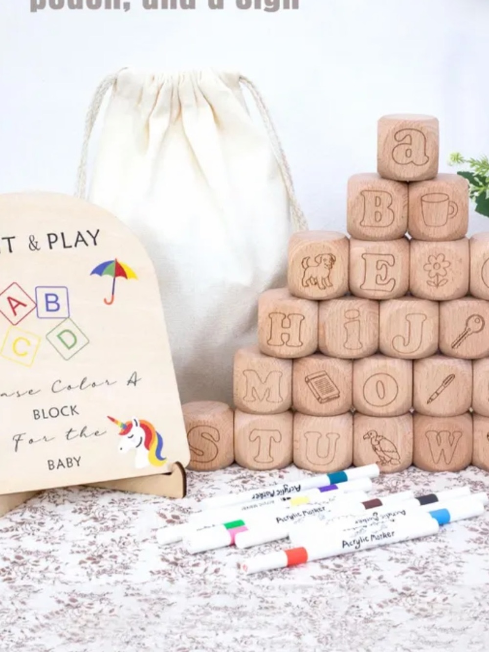 Baby Shower Activity - Natural Wooden Alphabet and numbers Blocks Set